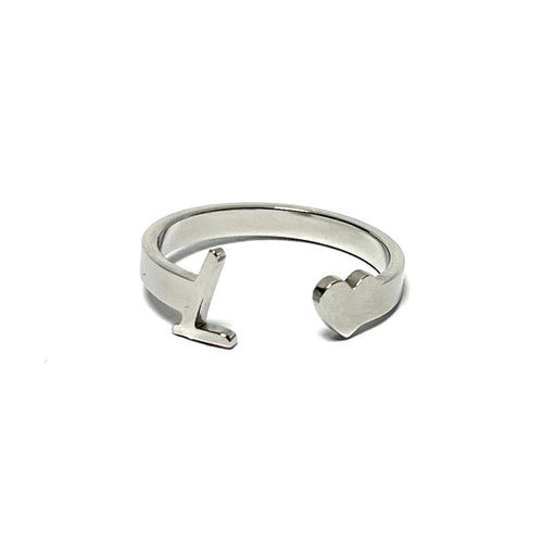 Anillo de acero ajustable con letra L y corazón