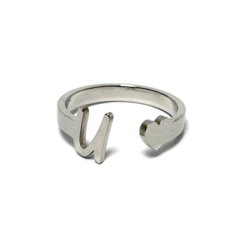 Anillo de acero ajustable con letra U y corazón