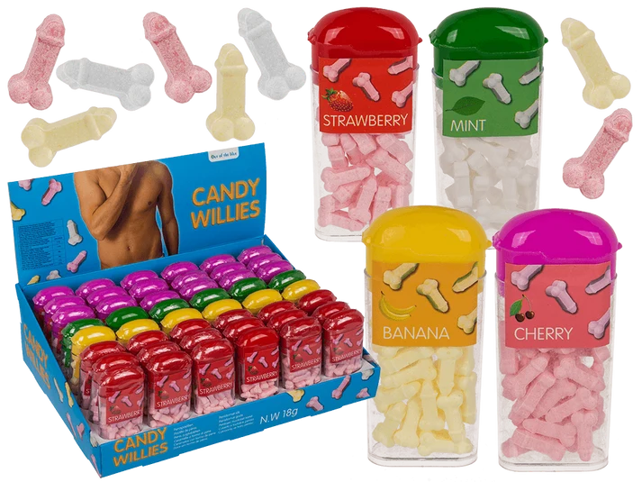 Caramelos con forma de pene, cuatro sabores surtidos y expositor