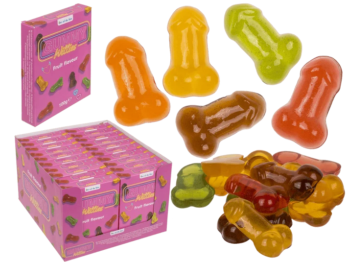 Gominolas con forma de pene de 100 g, caja rosa y surtido de gominolas de colores