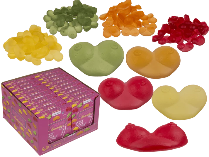 Chicles Boobs con forma de pecho y sabor a fruta, caja de 96 g con colores surtidos