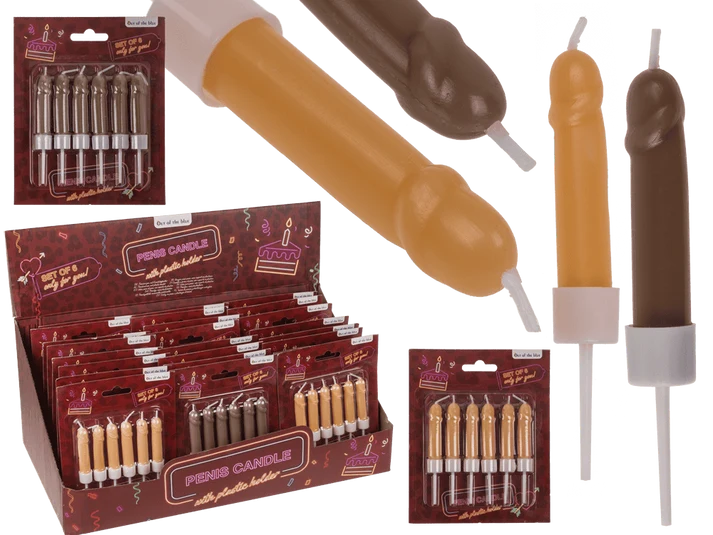 Velas con forma de pene, pack de seis con soportes, dos acabados y expositor