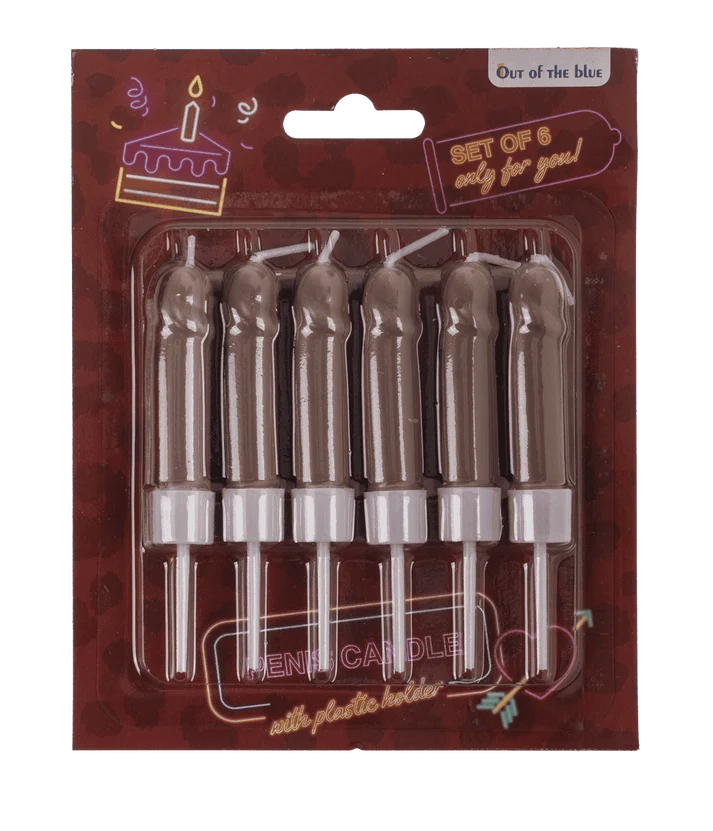 Pack de 6 velas para tarta con forma de pene en tono oscuro y soportes de plástico