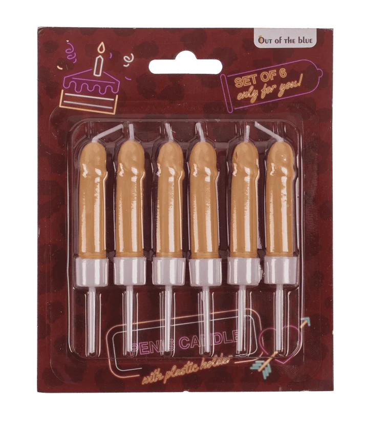Pack de 6 velas para tarta con forma de pene en tono claro y soportes de plástico