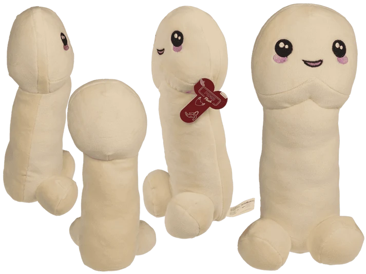 Peluche con forma de pene de 30 cm, color crema, cara sonriente y detalles bordados