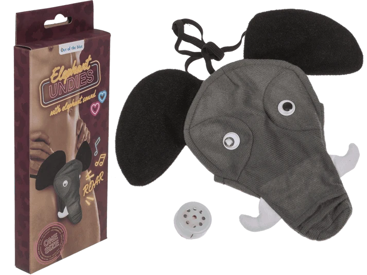 Tanga elefante gris con orejas, trompa y chip de sonido, presentado en caja de regalo