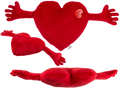 Corazón rojo de peluche con brazos abiertos, tamaño aproximado 70 cm, vistas frontal lateral e inferior