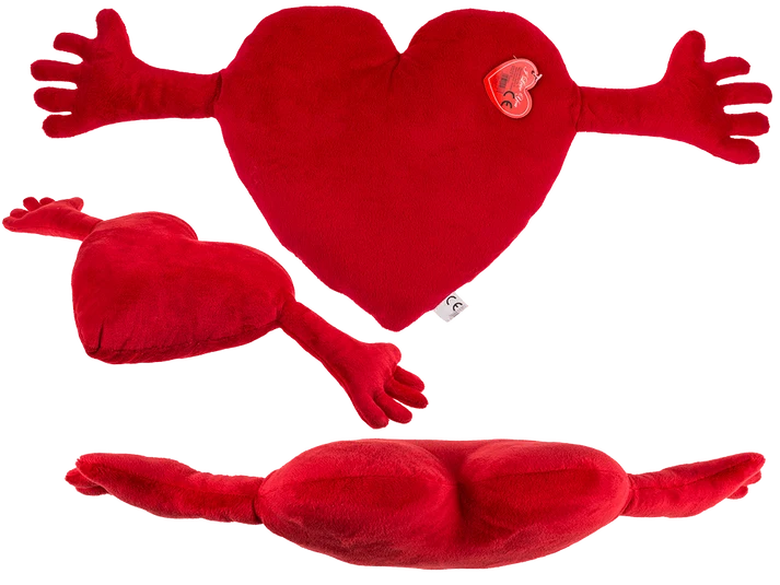 Corazón rojo de peluche con brazos abiertos, tamaño aproximado 70 cm, vistas frontal lateral e inferior
