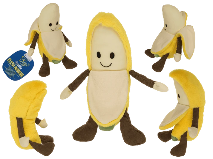 Plátano de peluche pelable de 23 cm con cara sonriente, brazos, piernas y cáscara amarilla abierta