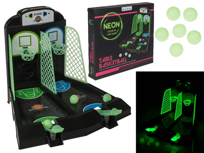 Baloncesto de mesa doble con lanzadores, canastas y pelotas con efecto fluorescente en la oscuridad
