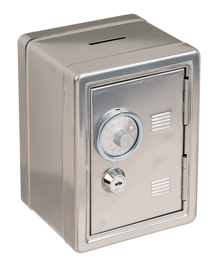 Hucha caja fuerte plateada de metal con combinación y llave