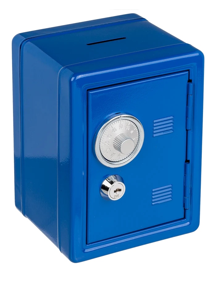 Hucha caja fuerte azul de metal con combinación y llave