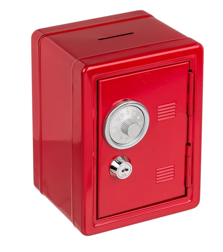 Hucha caja fuerte roja de metal con combinación y llave