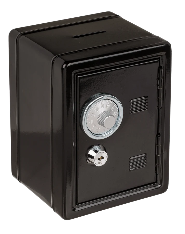 Hucha caja fuerte negra de metal con rueda de combinación y cerradura con llave
