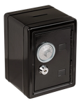 Hucha caja fuerte negra de metal con rueda de combinación y cerradura con llave
