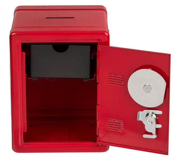 Hucha caja fuerte roja abierta, mostrando compartimento interior y puerta con cerradura
