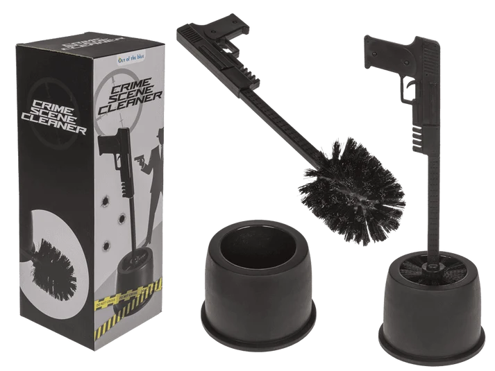 Escobillero negro Crime Scene Cleaner con mango en forma de pistola, cepillo, soporte y caja de regalo
