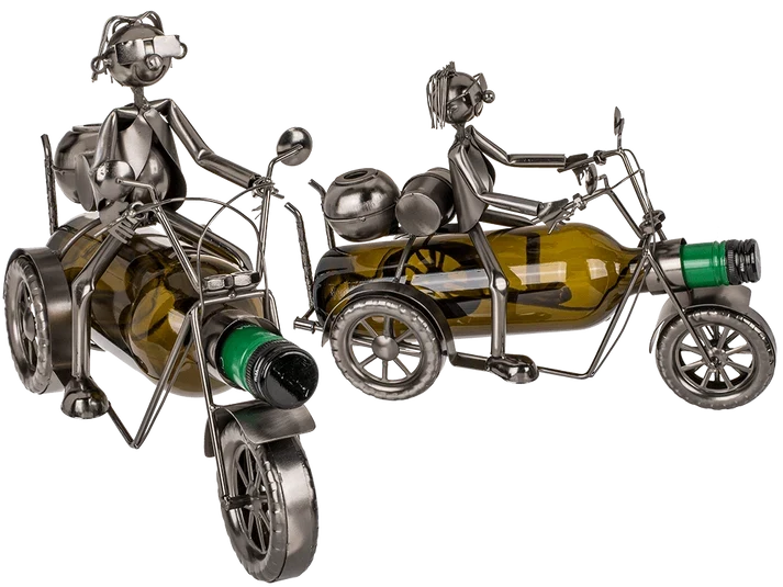 Portabotellas metálico Motociclista de 30 × 21 cm, dos vistas de motorista y motocicleta; botella no incluida