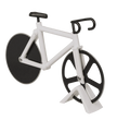 Cortapizzas con forma de bicicleta blanca y dos ruedas para cortar pizza