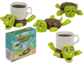 Posavasos Tortuga Divertida verde de 17 cm, sosteniendo taza en su caparazón, vistas y caja regalo