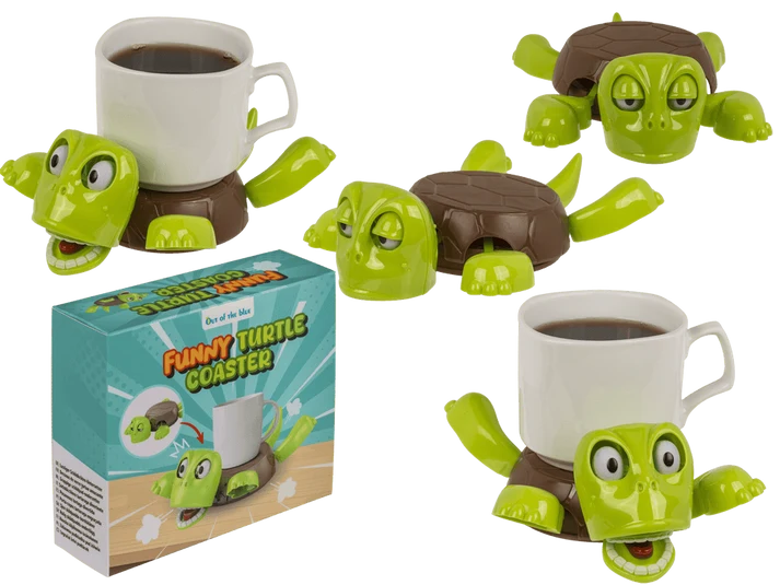 Posavasos Tortuga Divertida verde de 17 cm, sosteniendo taza en su caparazón, vistas y caja regalo