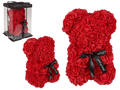 Osito decorativo de rosas rojas con lazo negro y caja regalo transparente, tamaño aproximado 25 × 16 × 16 cm