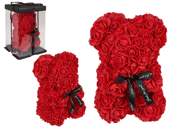 Osito decorativo de rosas rojas con lazo negro y caja regalo transparente, tamaño aproximado 25 × 16 × 16 cm