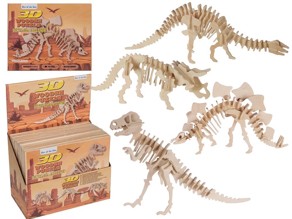 Puzzles de esqueletos de dinosaurios en madera natural, cuatro modelos y presentación en caja