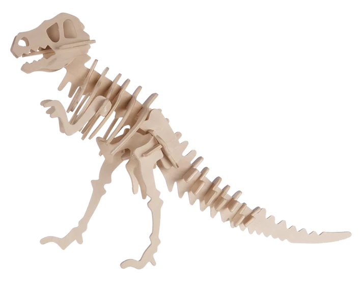 Esqueleto de dinosaurio bípedo de madera en puzzle tridimensional
