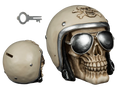 Hucha de poliresina en forma de calavera con casco motero y gafas de sol, de aproximadamente 16 × 12 cm