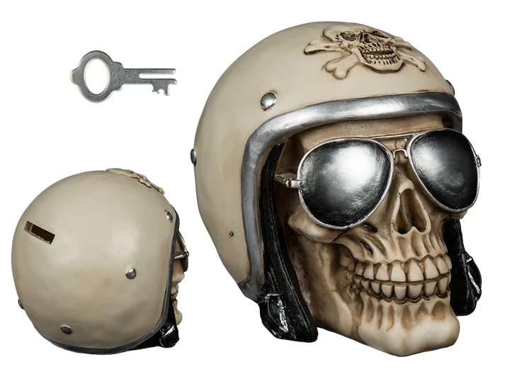 Hucha de poliresina en forma de calavera con casco motero y gafas de sol, de aproximadamente 16 × 12 cm