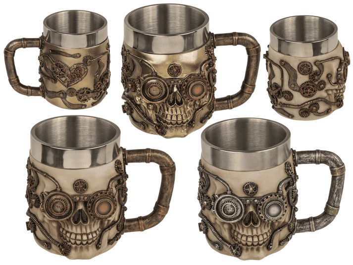 Jarra de cerveza Cyborg Skull en tres acabados con calavera steampunk e interior metálico