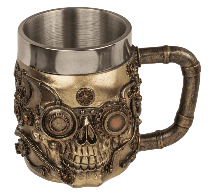 Jarra Cyborg Skull con acabado bronce y crema, detalle frontal de calavera