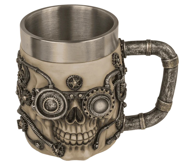 Jarra Cyborg Skull con acabado plata envejecida, calavera y engranajes