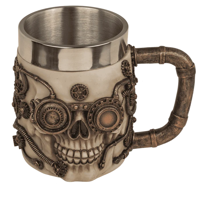 Jarra de cerveza Cyborg Skull con acabado bronce envejecido e interior de acero