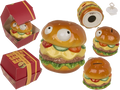 Hucha hamburguesa de cerámica con ojos saltones y caja regalo Burger Savings Bank; varias vistas