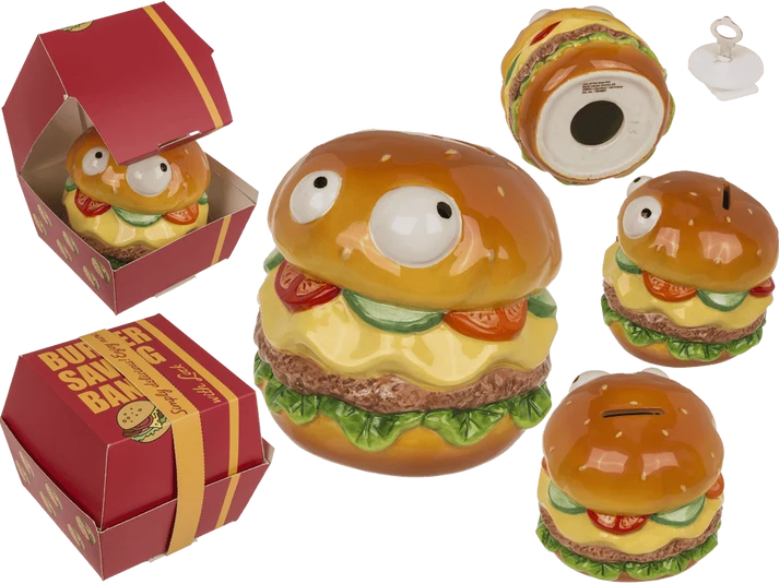 Hucha hamburguesa de cerámica con ojos saltones y caja regalo Burger Savings Bank; varias vistas
