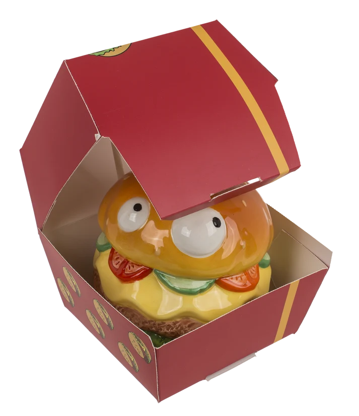 Presentación de hucha hamburguesa en caja de regalo roja y amarilla