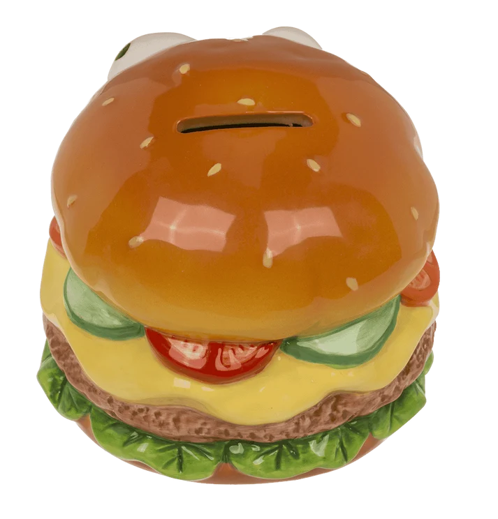 Vista superior de hucha hamburguesa con ranura para introducir monedas