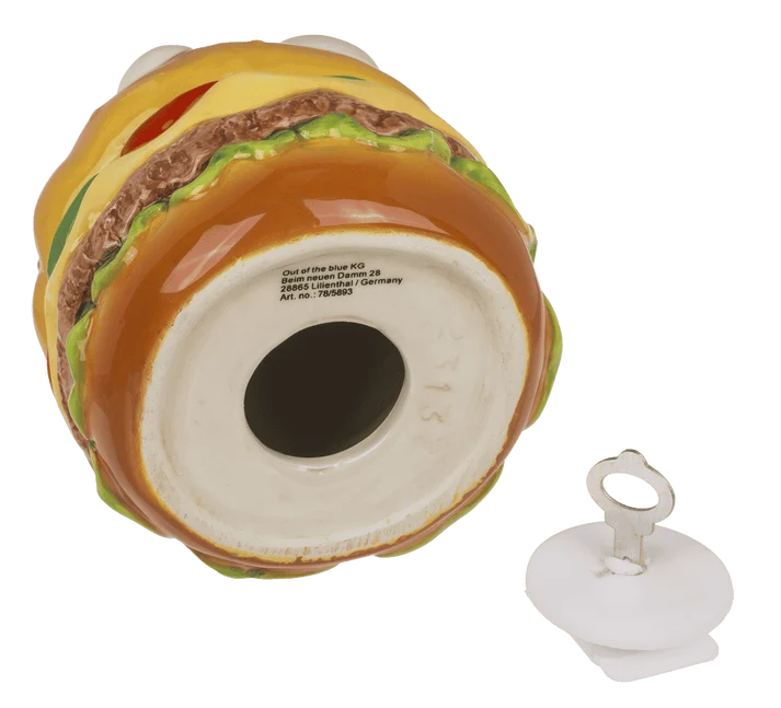 Base de hucha hamburguesa con abertura, tapón extraíble y llave