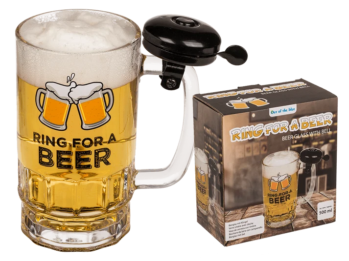 Jarra de cerveza Ring for a Beer de vidrio de 500 ml con timbre negro y caja de regalo