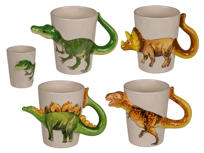 Cuatro tazas originales de dinosaurios de cerámica con asas en forma de cola