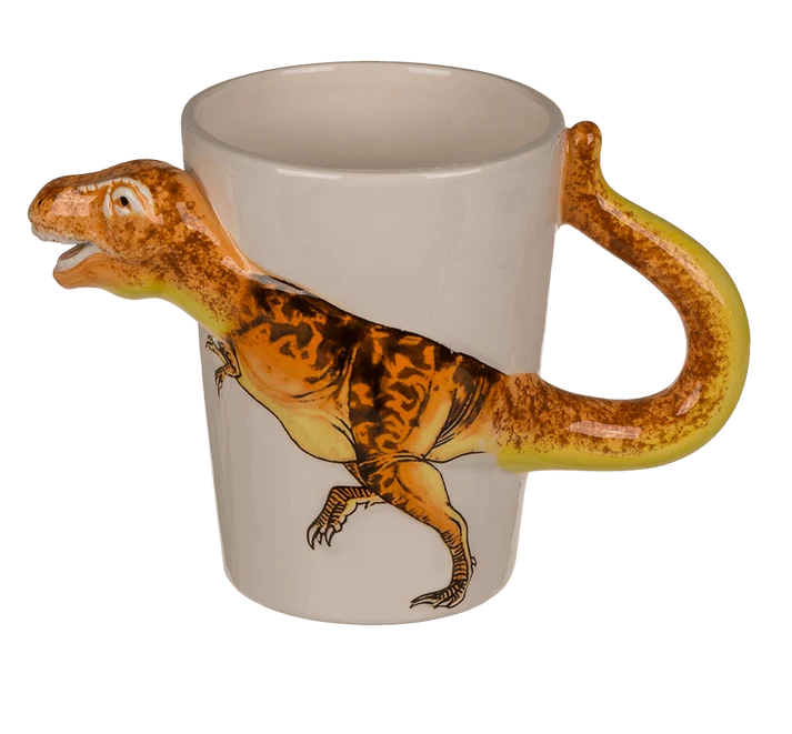 Taza dinosaurio marrón con cabeza grande y asa de cola