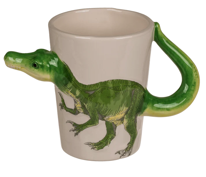 Taza dinosaurio verde con diseño de dinosaurio y asa de cola
