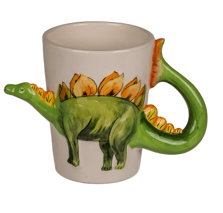 Taza dinosaurio verde con placas dorsales naranjas y asa de cola