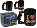 Taza gaming termosensible negra I Love Gaming con diseño pixelado, asa de mando y caja de presentación