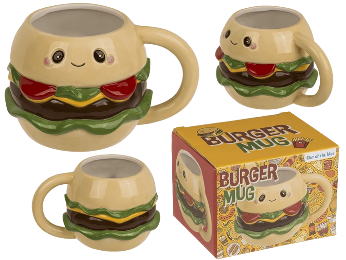 Taza Kawaii Burger de dolomita, 440 ml, hamburguesa sonriente con detalles de ingredientes en relieve y caja regalo