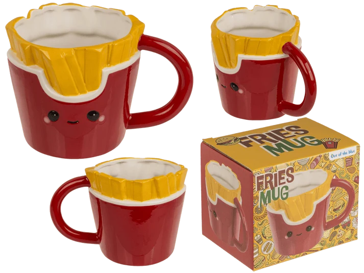 Taza Kawaii Fries de dolomita de 420 ml, diseño de patatas fritas con carita sonriente y caja de regalo