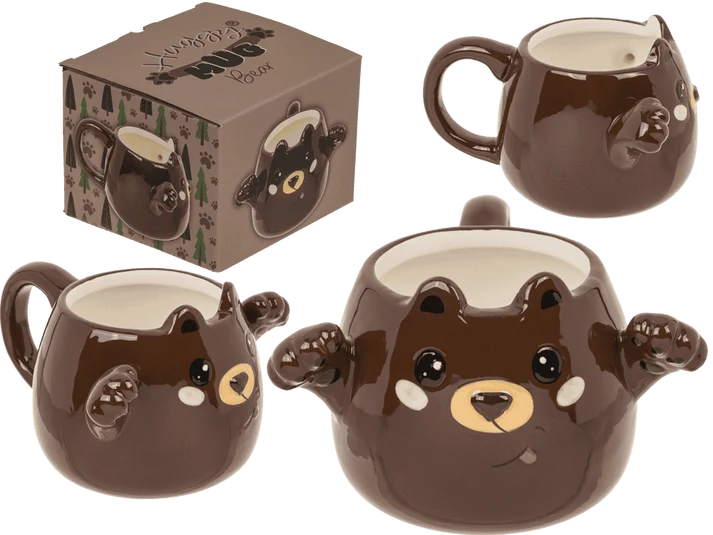 Taza Huggy Mug de dolomita con forma de oso marrón abrazando la taza, capacidad 450 ml y caja de regalo