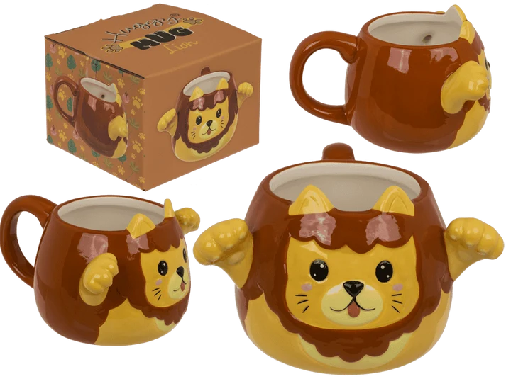Taza Huggy Mug León de dolomita 450 ml, con melena marrón, cara sonriente y patitas en relieve, en caja regalo
